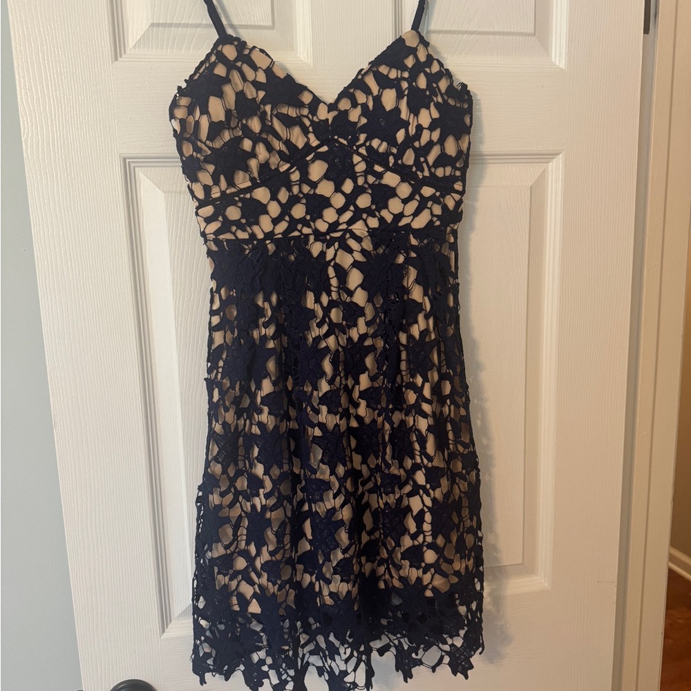 Dina Be Navy and Beige Lace Mini Dress